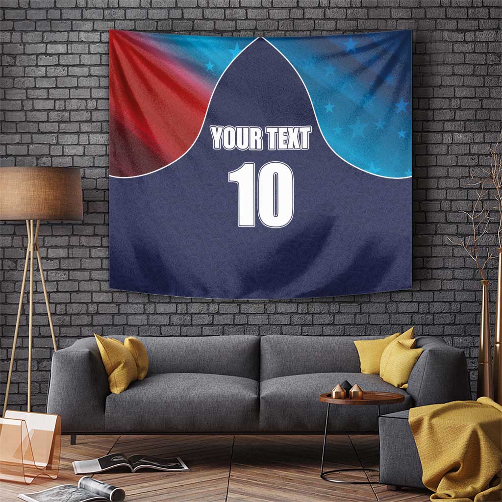 Blue flag-style cricket tapestry with red and cyan wave arcs, custom text and number 10
