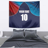 Blue flag-style cricket tapestry with red and blue wave arcs, custom text and number 10