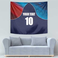 Blue flag-style cricket tapestry with custom text and number 10, red and blue wave arcs