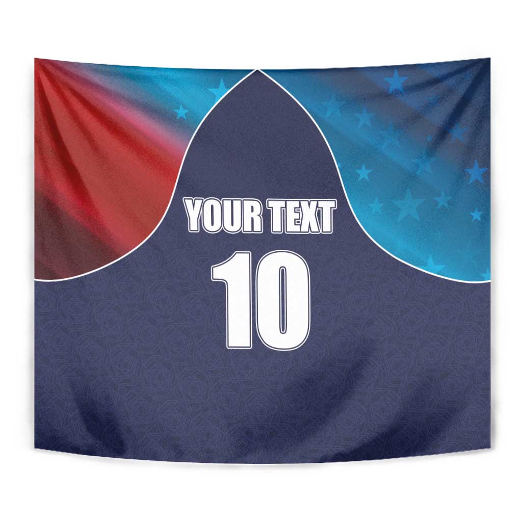 Blue flag-style cricket tapestry with custom text and number 10, red and cyan wave arcs