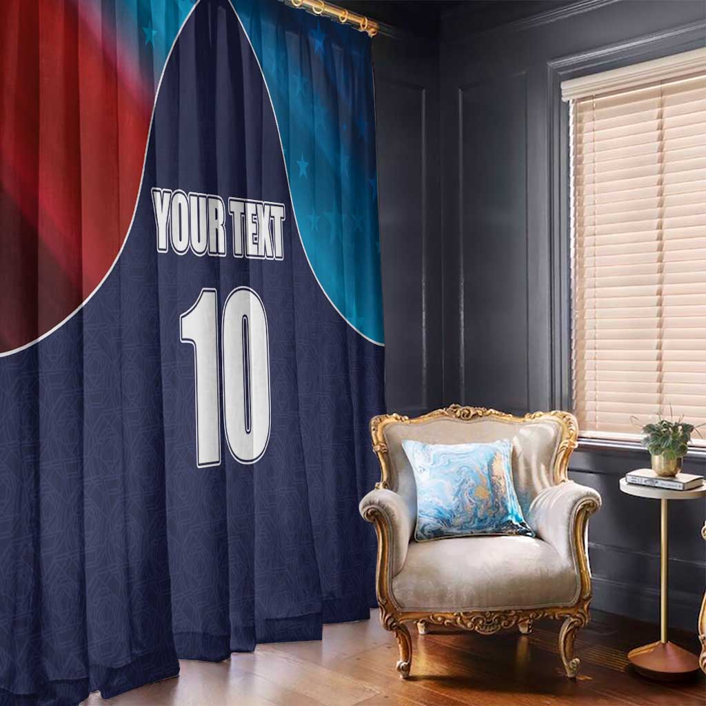 Cricket flag window curtain in navy and blue with red panel, star accents, custom 'YOUR TEXT'