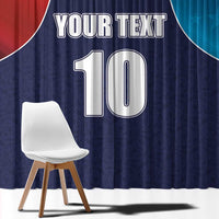 Navy and blue cricket flag window curtain with custom number 10 and 'YOUR TEXT' lettering