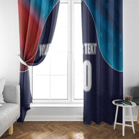 Navy and blue cricket flag window curtain with red panel and star accents, custom number 0