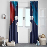Cricket flag window curtain with navy and blue panels, red side flag, star accents, custom numbers