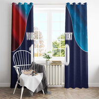 Blue and navy cricket flag window curtain with red side panel, star accents, and custom text