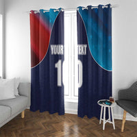 Pair of navy and blue cricket flag window curtains with red and star accents, custom numbers