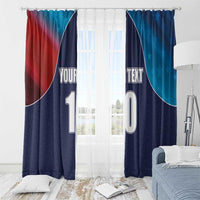 Window curtain set in navy and blue with red panel, star accents, and custom 'YOUR TEXT' 10