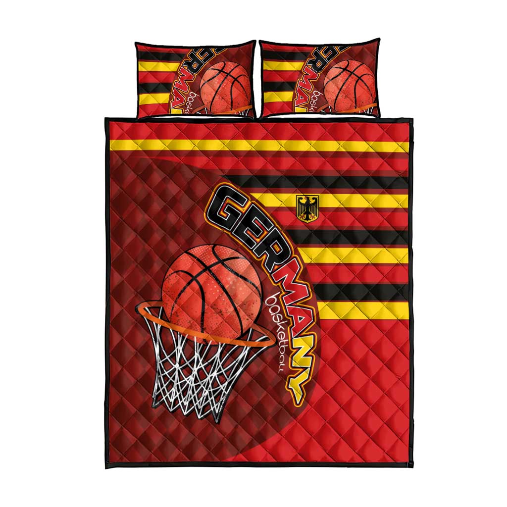 Red Germany basketball quilt bed set featuring large basketball and hoop graphic, with two shams