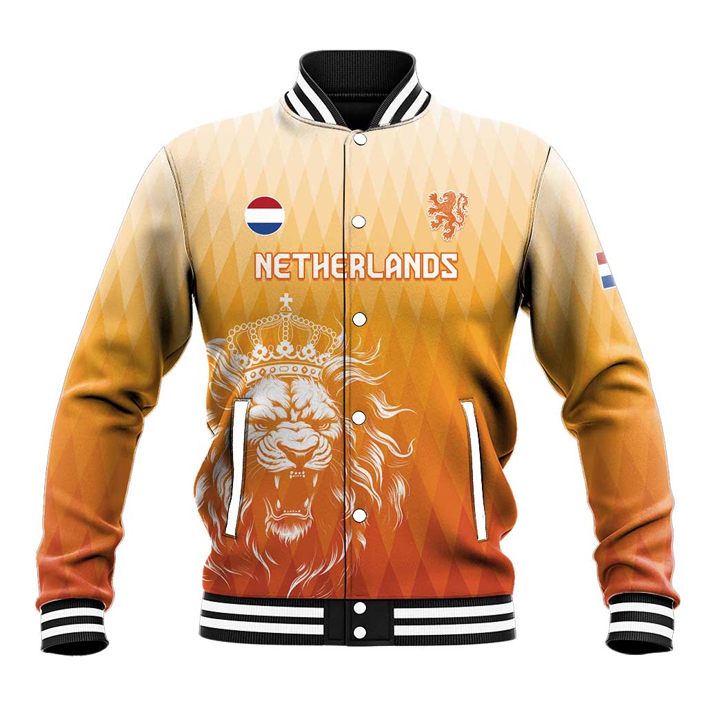 Orange Netherlands varsity baseball jacket with striped collar, button front, lion graphic