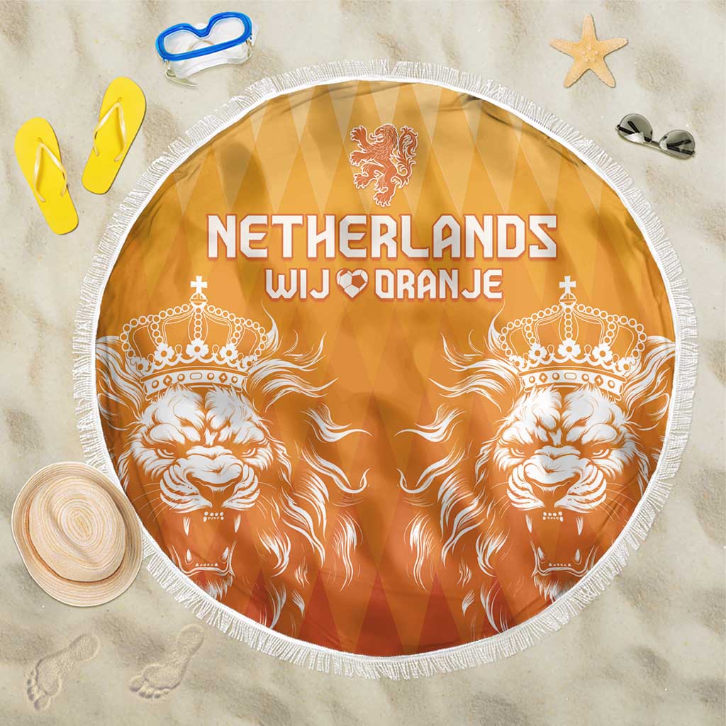 Round orange football beach blanket with white fringe, Netherlands Wij Oranje lion print