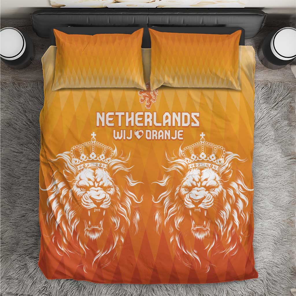 Orange duvet cover and two pillowcases with Netherlands text and lion crown designs