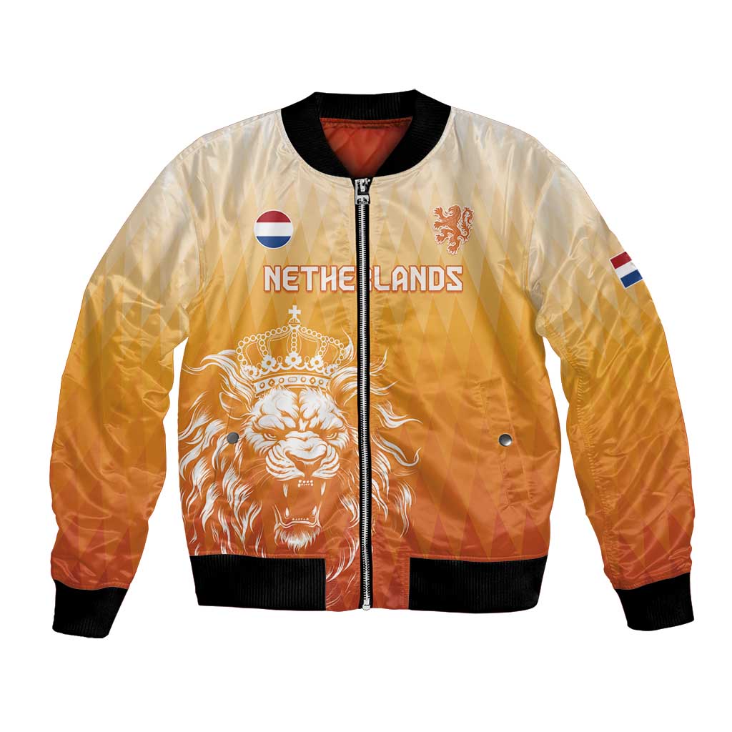 Orange bomber jacket with zipper front, lion artwork, 'NETHERLANDS' text, flag sleeve patch
