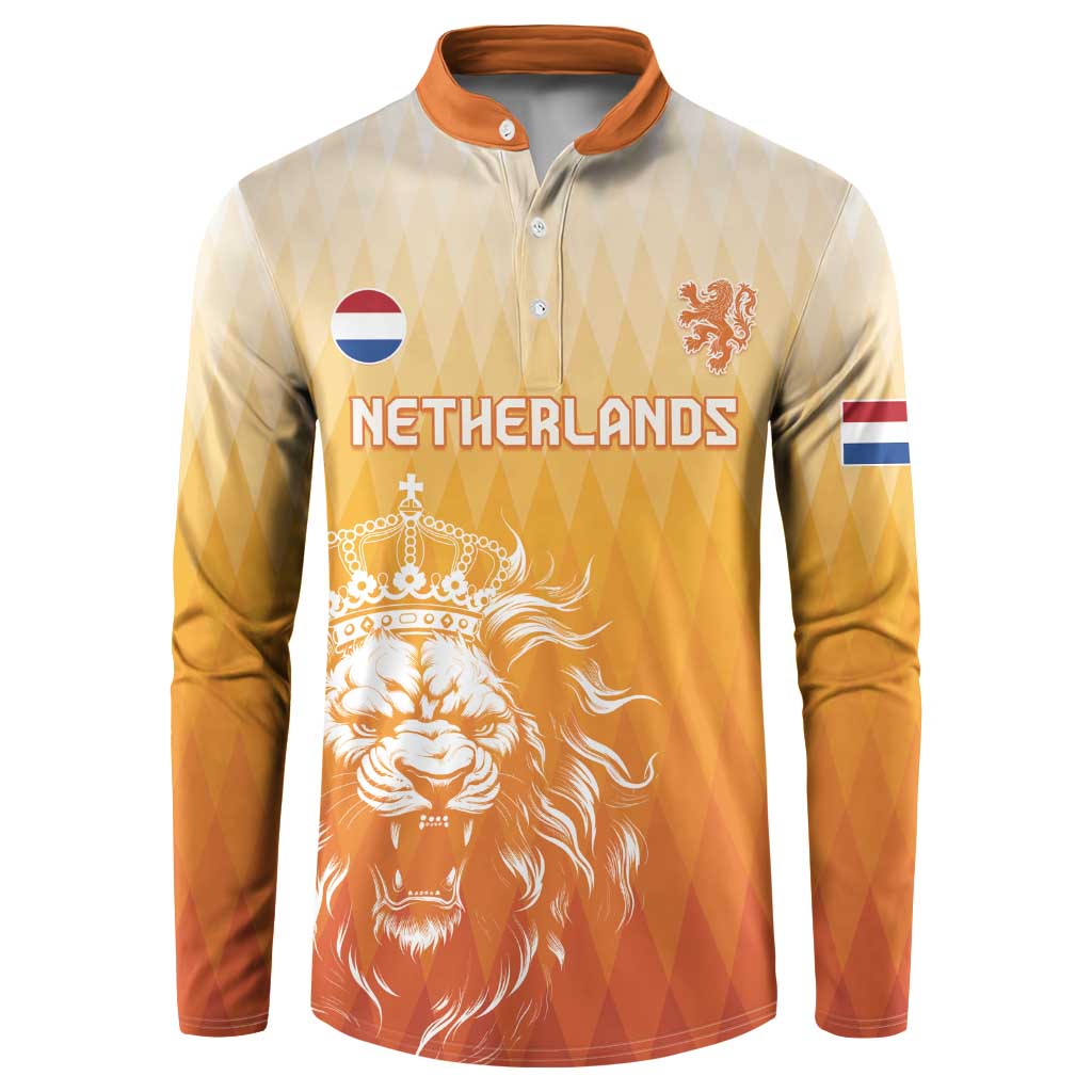 Orange Netherlands button sweatshirt with “NETHERLANDS” text, lion crest, and flags