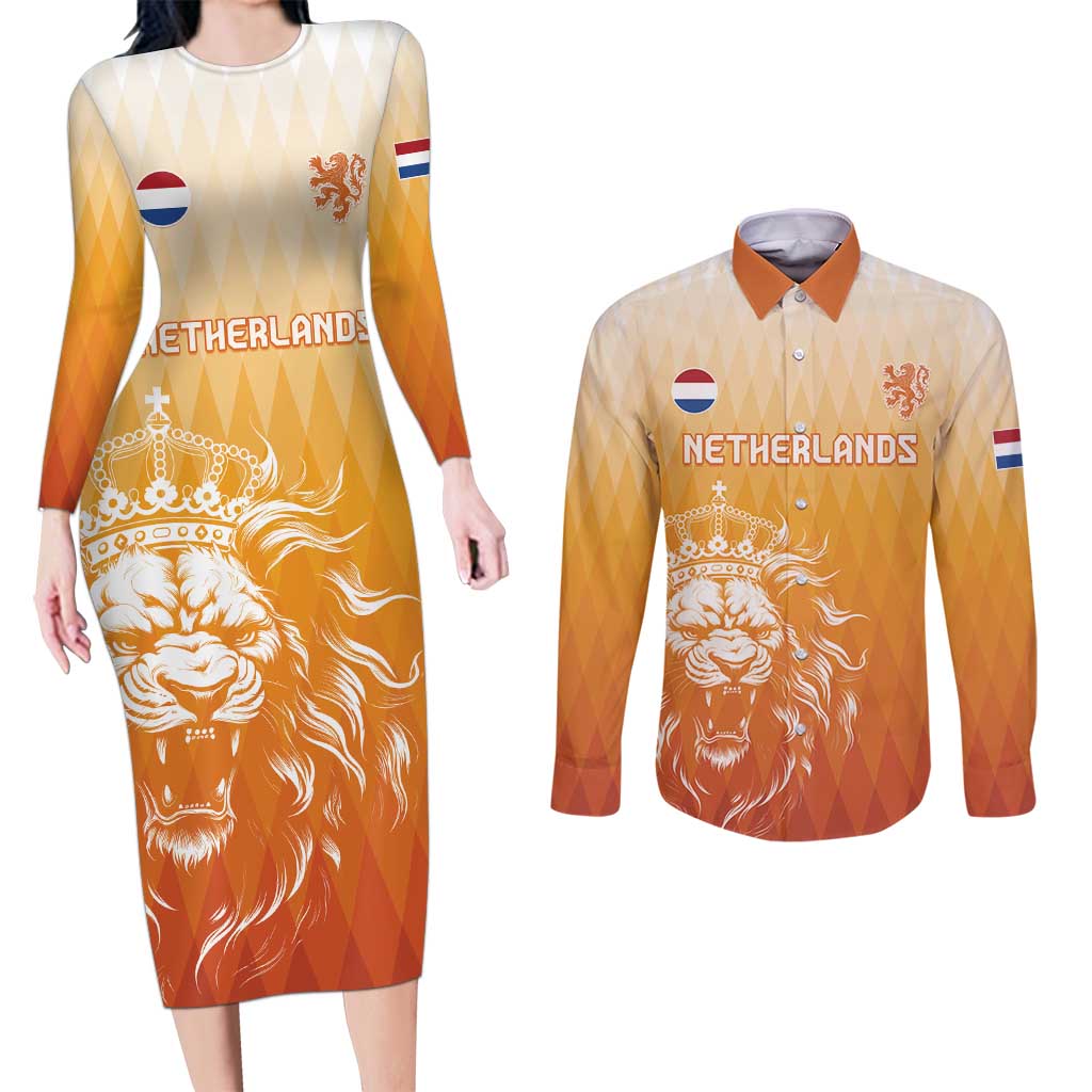 Custom Netherlands 2024 Football Couples Matching Long Sleeve Bodycon Dress and Long Sleeve Button Shirt Go Champions Oranje Lions LT05 - Wonder Print Shop