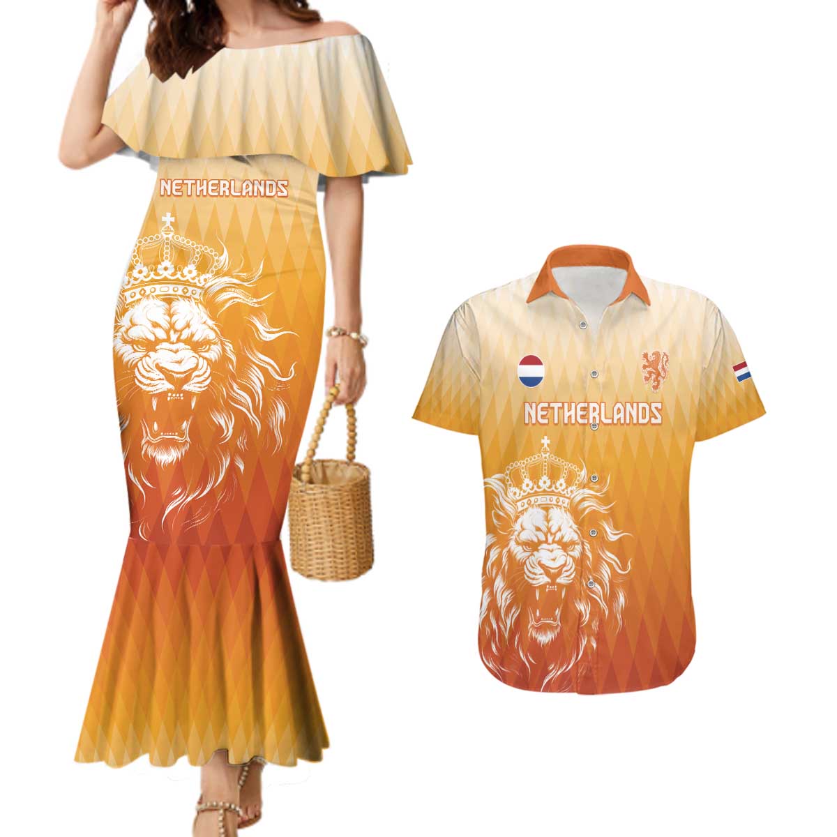 Custom Netherlands 2024 Football Couples Matching Mermaid Dress and Hawaiian Shirt Go Champions Oranje Lions LT05 - Wonder Print Shop