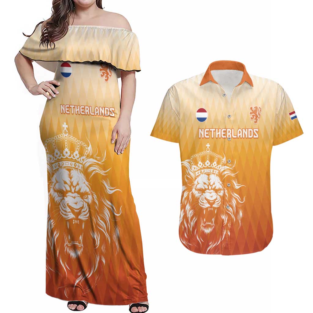 Custom Netherlands 2024 Football Couples Matching Off Shoulder Maxi Dress and Hawaiian Shirt Go Champions Oranje Lions LT05 - Wonder Print Shop