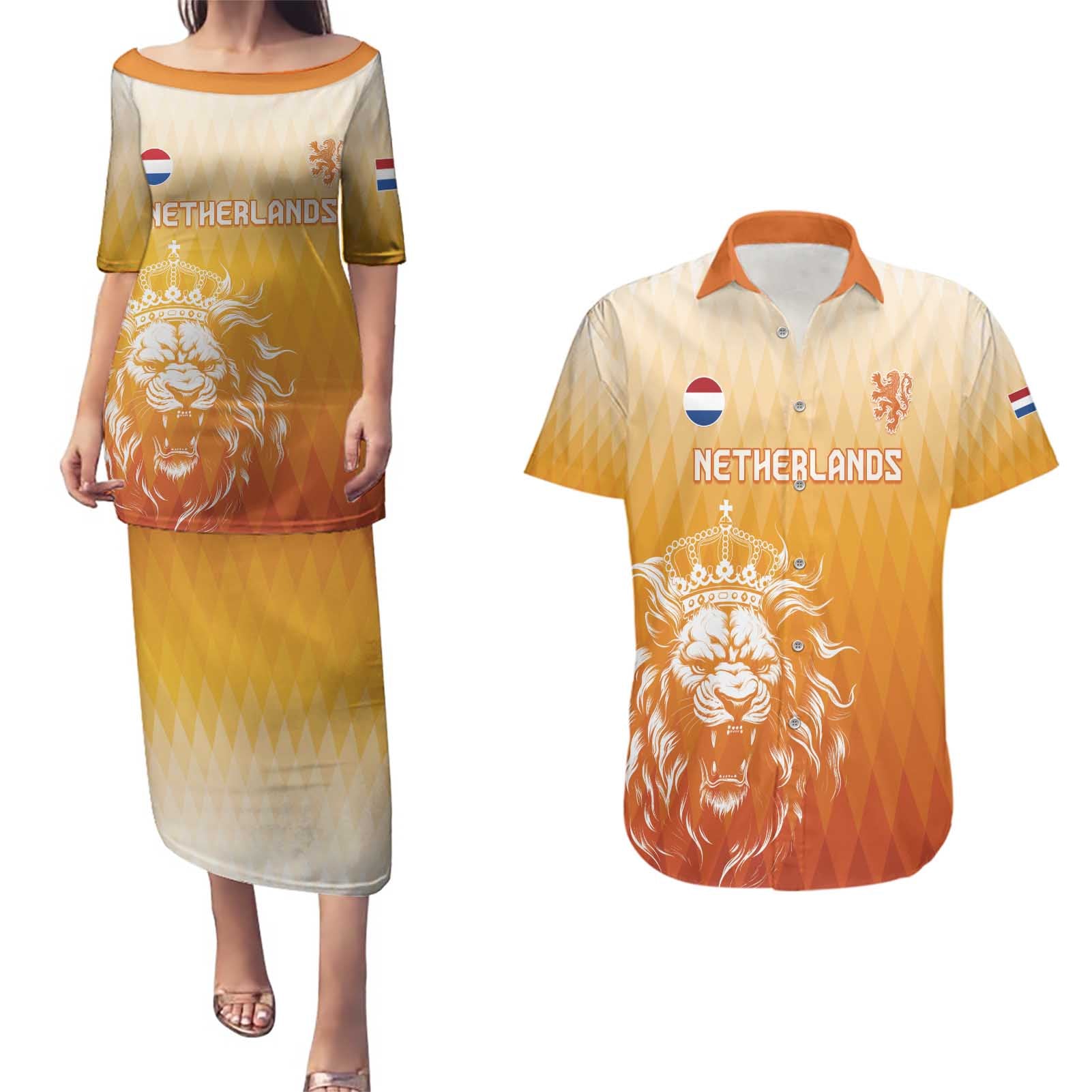 Custom Netherlands 2024 Football Couples Matching Puletasi and Hawaiian Shirt Go Champions Oranje Lions LT05 - Wonder Print Shop