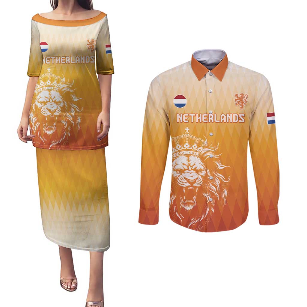 Custom Netherlands 2024 Football Couples Matching Puletasi and Long Sleeve Button Shirt Go Champions Oranje Lions LT05 - Wonder Print Shop