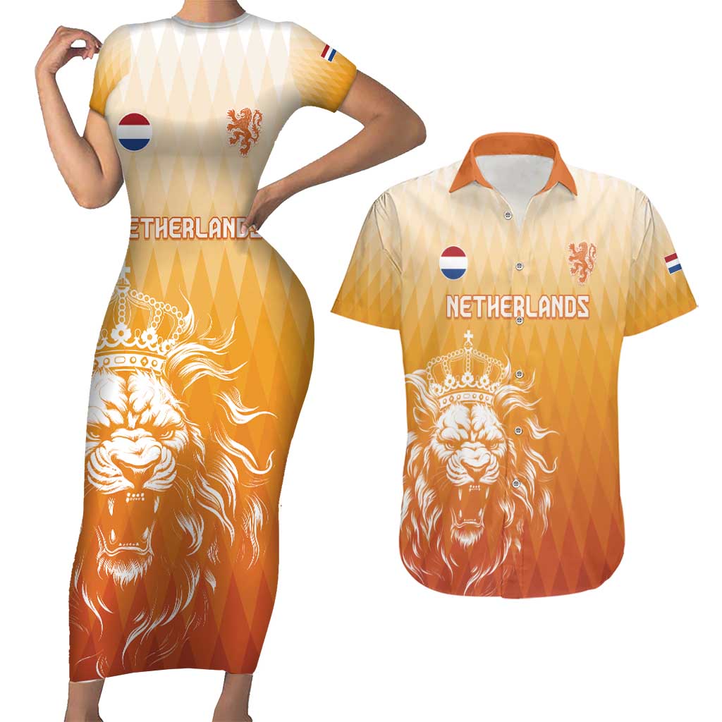 Custom Netherlands 2024 Football Couples Matching Short Sleeve Bodycon Dress and Hawaiian Shirt Go Champions Oranje Lions LT05 - Wonder Print Shop