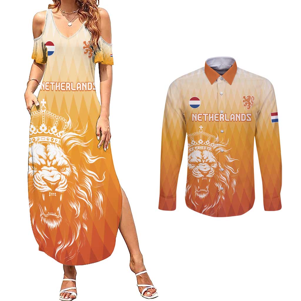 Custom Netherlands 2024 Football Couples Matching Summer Maxi Dress and Long Sleeve Button Shirt Go Champions Oranje Lions LT05 - Wonder Print Shop