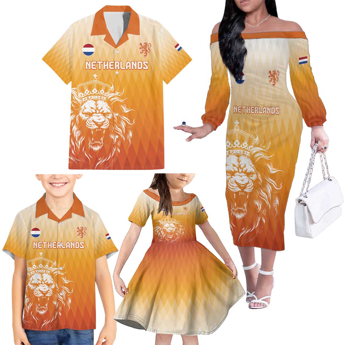 Custom Netherlands 2024 Football Family Matching Off The Shoulder Long Sleeve Dress and Hawaiian Shirt Go Champions Oranje Lions LT05 - Wonder Print Shop