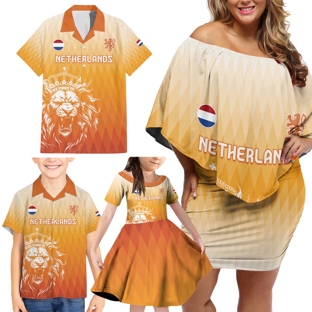 Custom Netherlands 2024 Football Family Matching Off Shoulder Short Dress and Hawaiian Shirt Go Champions Oranje Lions LT05 - Wonder Print Shop