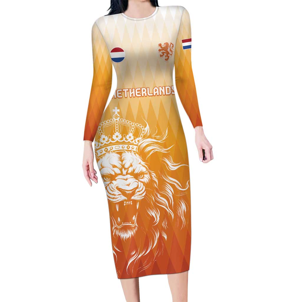 Custom Netherlands 2024 Football Long Sleeve Bodycon Dress Go Champions Oranje Lions LT05 - Wonder Print Shop