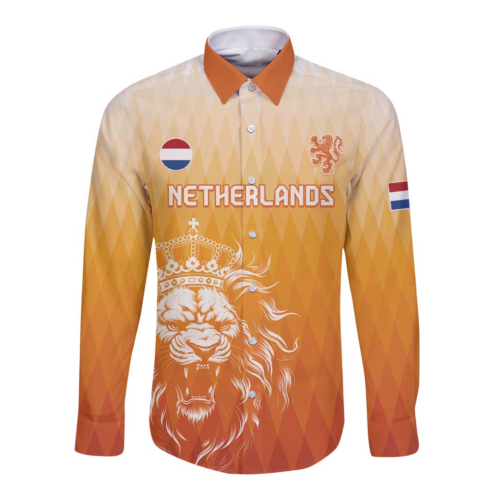 Orange long-sleeve button football shirt with Netherlands print, lion crest and flags
