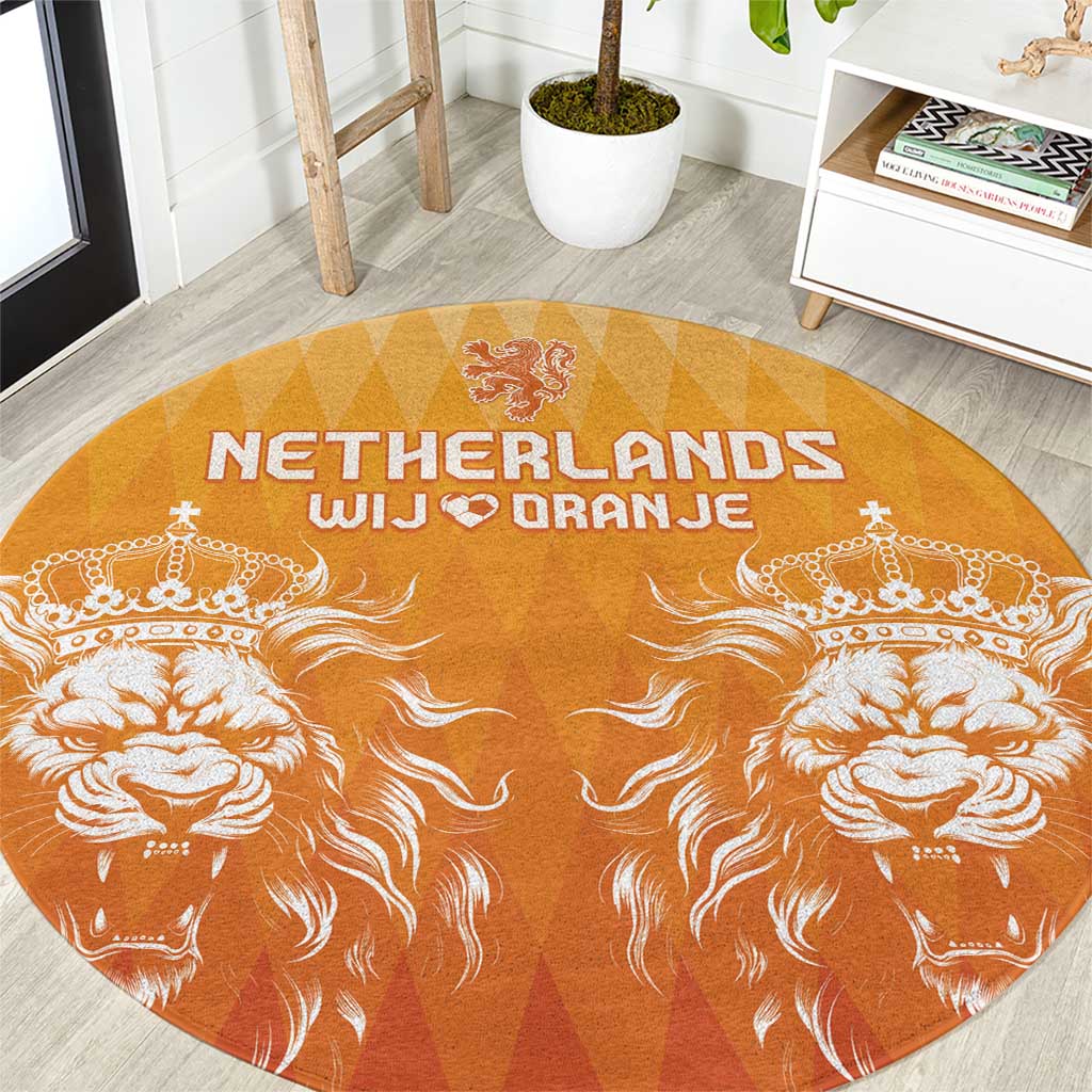 Orange round carpet with Netherlands text and orange lion crest graphic, patterned design.