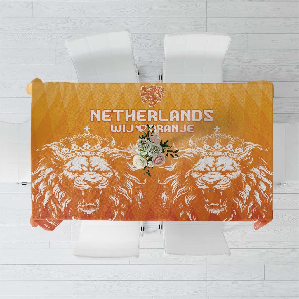 Orange Netherlands football tablecloth with lion-and-crown graphics and 'Nederlands' text