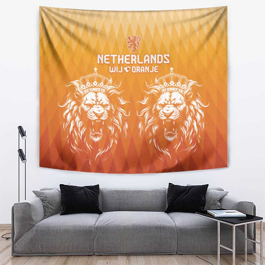 Orange Netherlands football tapestry with two crowned lion emblems and Dutch text