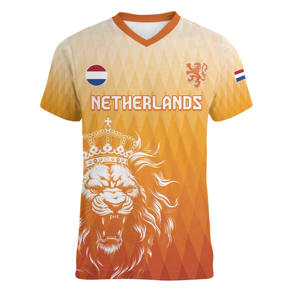 Custom Netherlands 2024 Football Women V-Neck T-Shirt Go Champions Oranje Lions