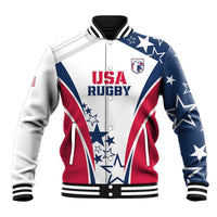 White USA Rugby baseball jacket with blue stars and red stripe front graphic