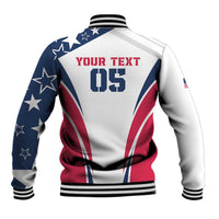 White baseball jacket back with blue star pattern and red stripe; YOUR TEXT 05