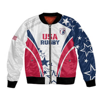 White bomber jacket front with full-zip, red white blue eagle star graphic, black ribbed cuffs