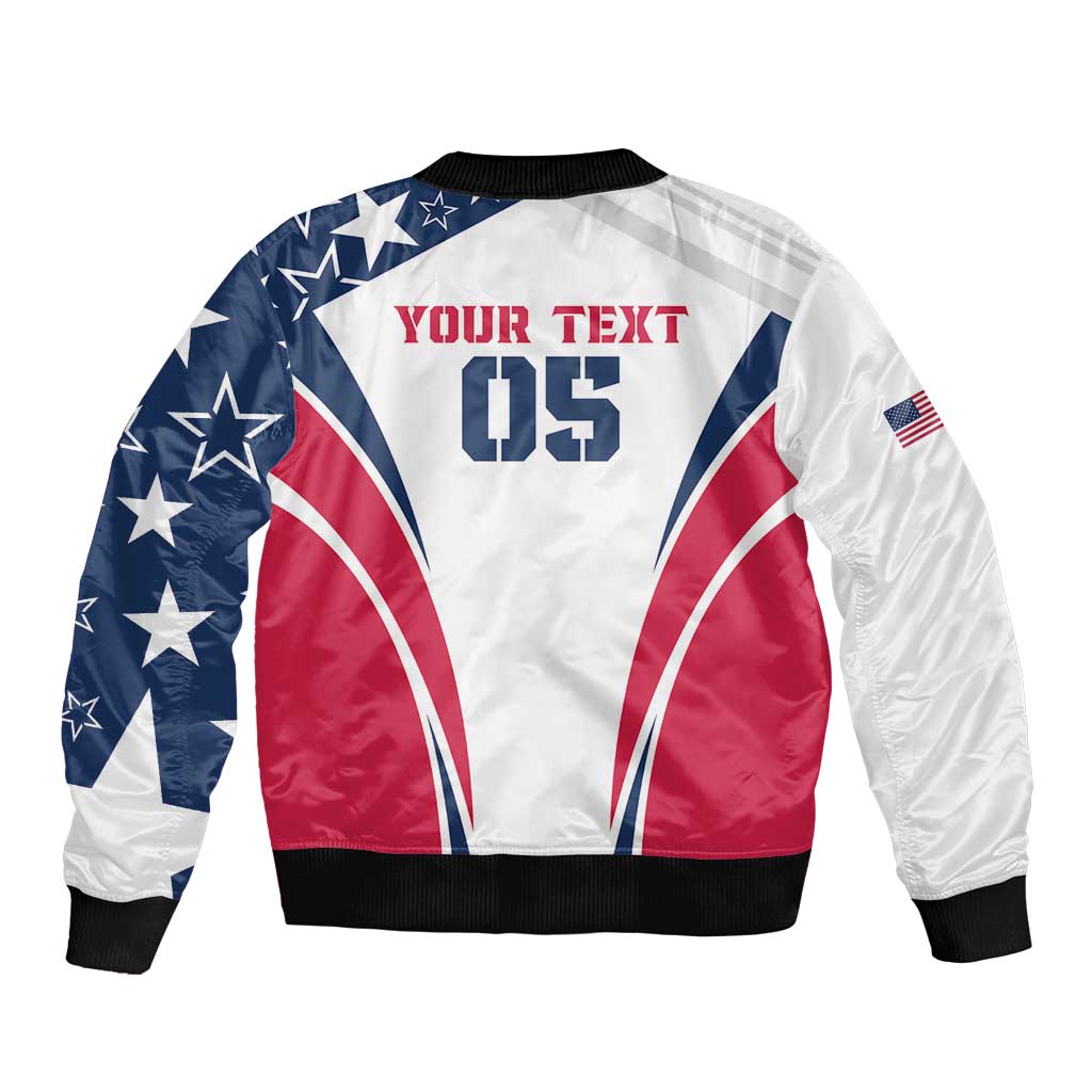 White bomber jacket with navy stars and red white wave graphic, black ribbed hem/cuffs