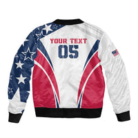 White bomber jacket with navy stars and red white wave graphic, black ribbed hem/cuffs