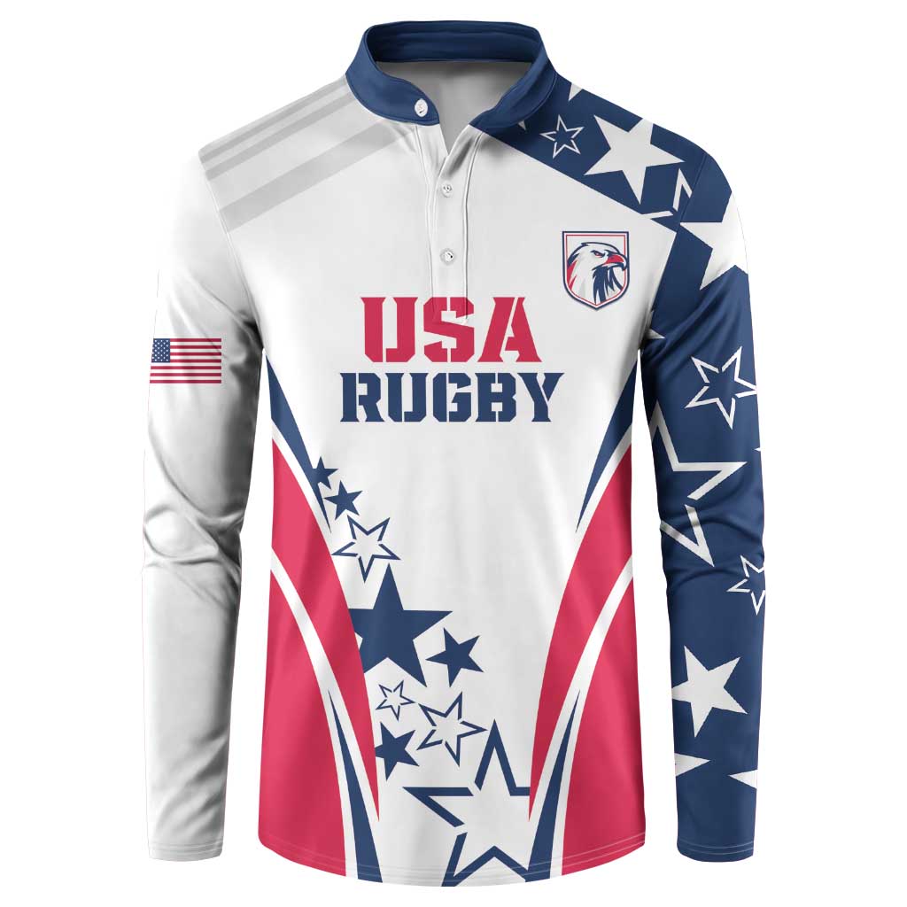 White button rugby sweatshirt with USA Rugby crest and red, navy star graphic sleeves