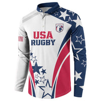 White button rugby sweatshirt front with USA Rugby crest, navy star sleeve and red accents