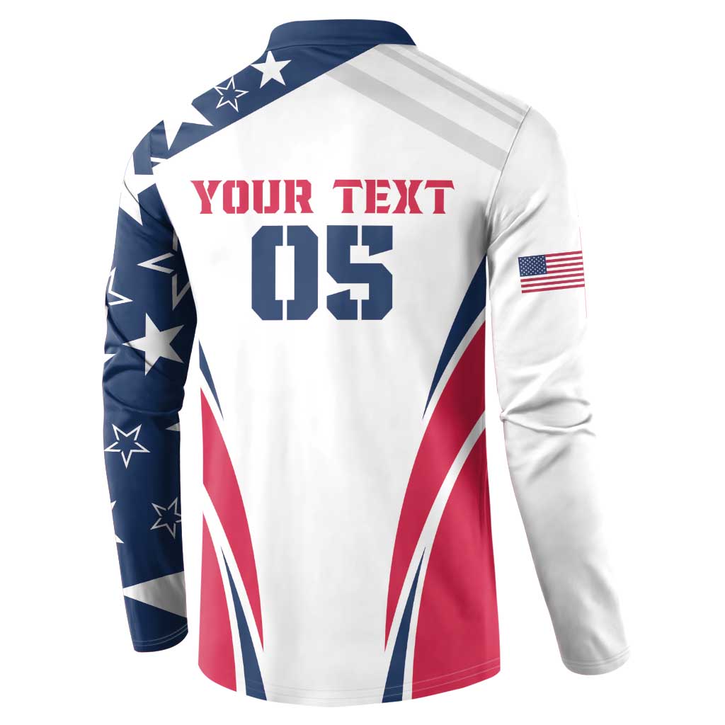 White button rugby sweatshirt back with Your Text and 05 print, navy stars and red stripes