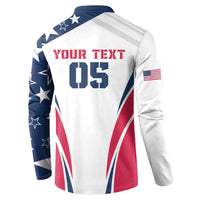 White button rugby sweatshirt back with Your Text and 05 print, navy stars and red stripes