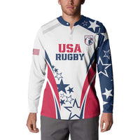 White button rugby sweatshirt with USA Rugby crest, navy shoulder panel and red star stripe design