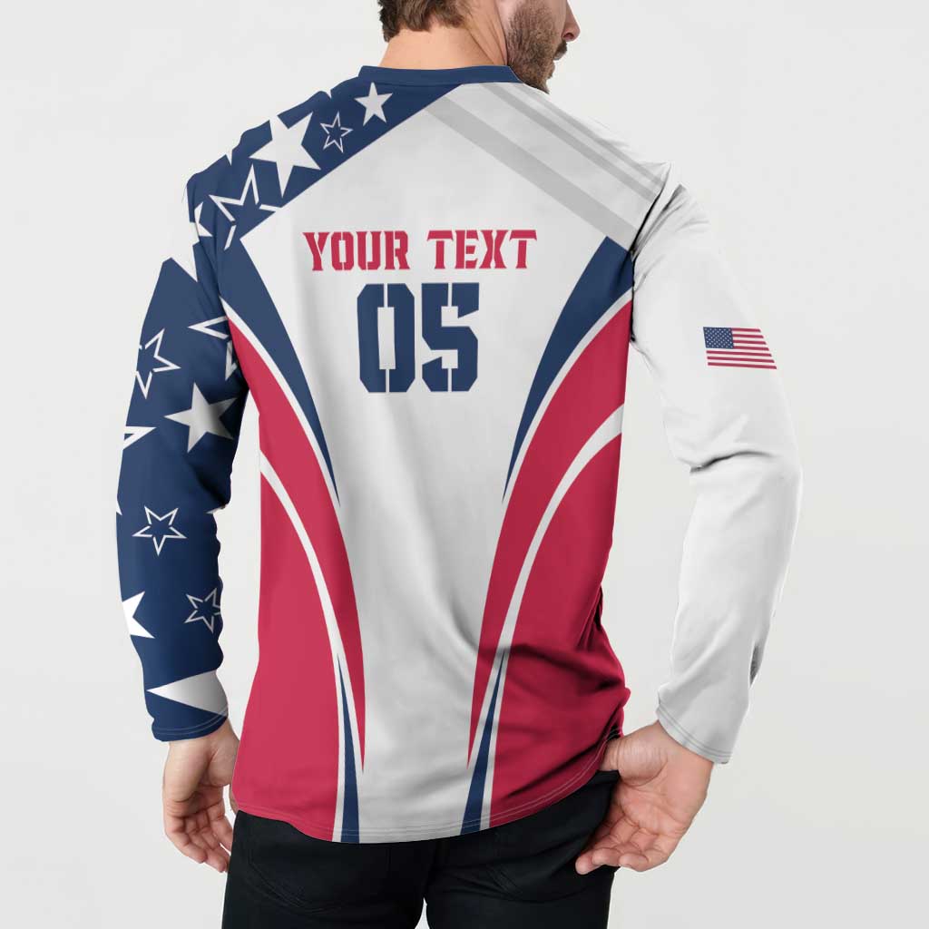 White button rugby sweatshirt back with Your Text 05 print, navy stars and red stripe panels