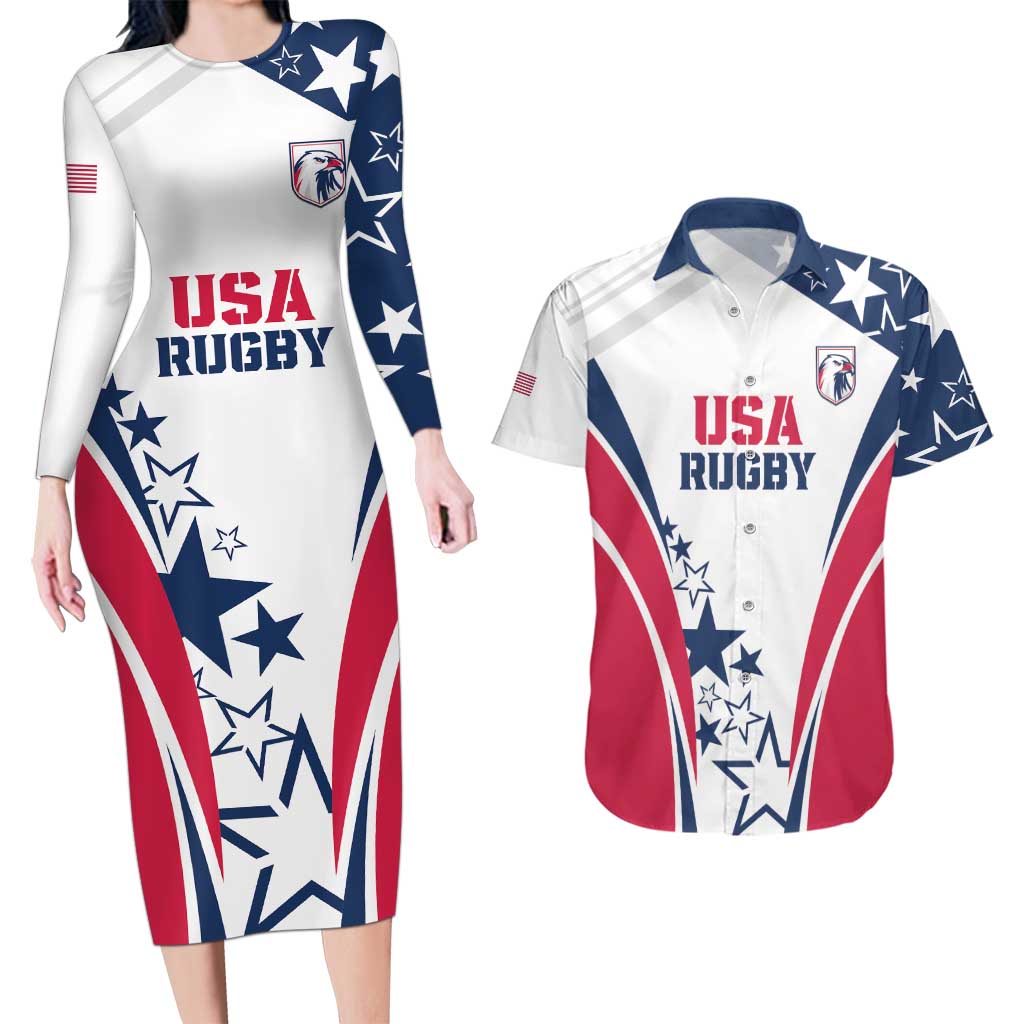 Custom USA Rugby 2024 Couples Matching Long Sleeve Bodycon Dress and Hawaiian Shirt Eagles Reigns Supreme White Version LT05 - Wonder Print Shop