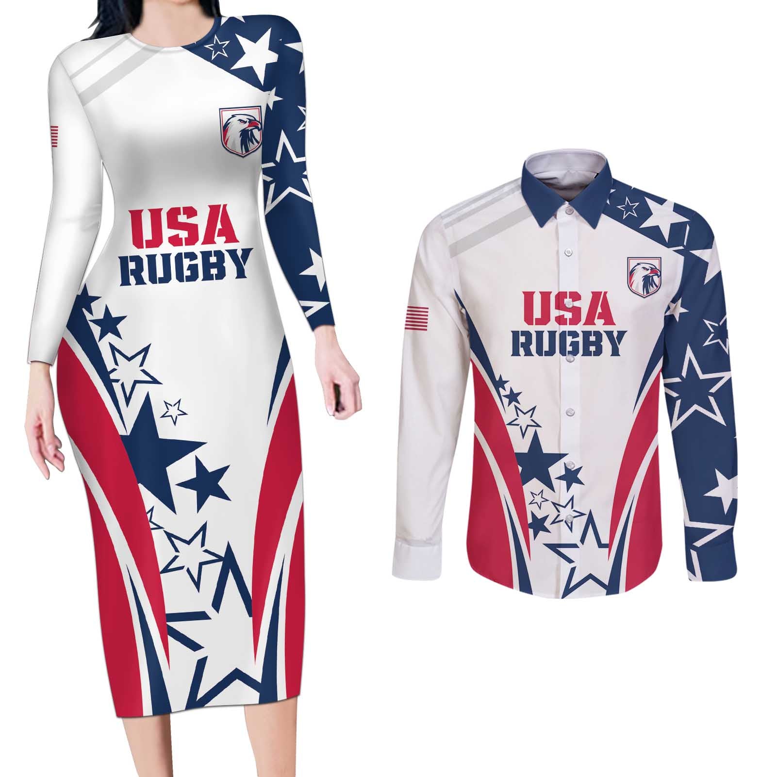 Custom USA Rugby 2024 Couples Matching Long Sleeve Bodycon Dress and Long Sleeve Button Shirt Eagles Reigns Supreme White Version LT05 - Wonder Print Shop