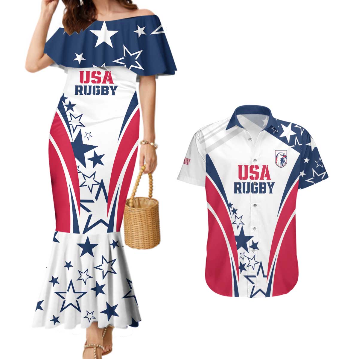 Custom USA Rugby 2024 Couples Matching Mermaid Dress and Hawaiian Shirt Eagles Reigns Supreme White Version LT05 - Wonder Print Shop