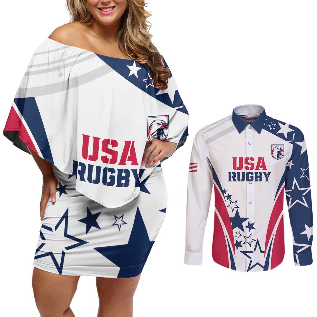 Custom USA Rugby 2024 Couples Matching Off Shoulder Short Dress and Long Sleeve Button Shirt Eagles Reigns Supreme White Version LT05 - Wonder Print Shop