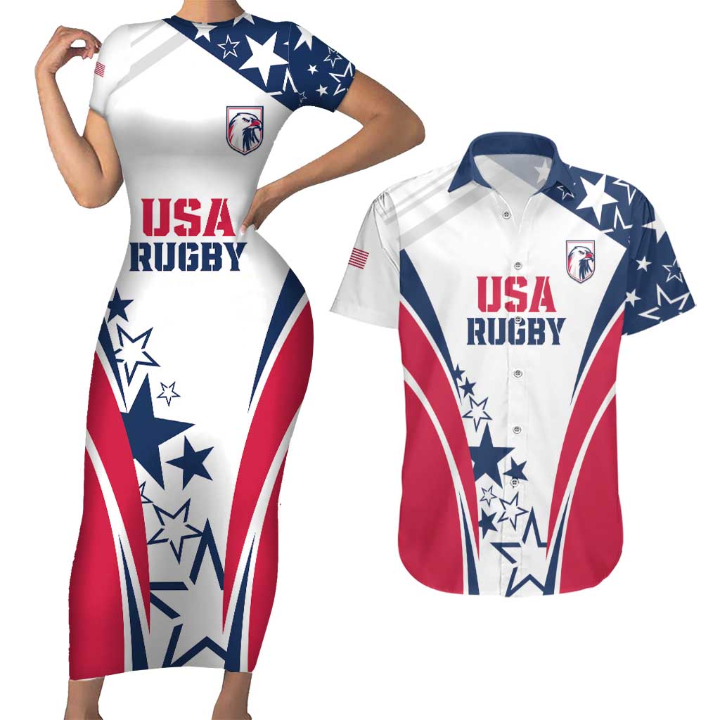 Custom USA Rugby 2024 Couples Matching Short Sleeve Bodycon Dress and Hawaiian Shirt Eagles Reigns Supreme White Version LT05 - Wonder Print Shop