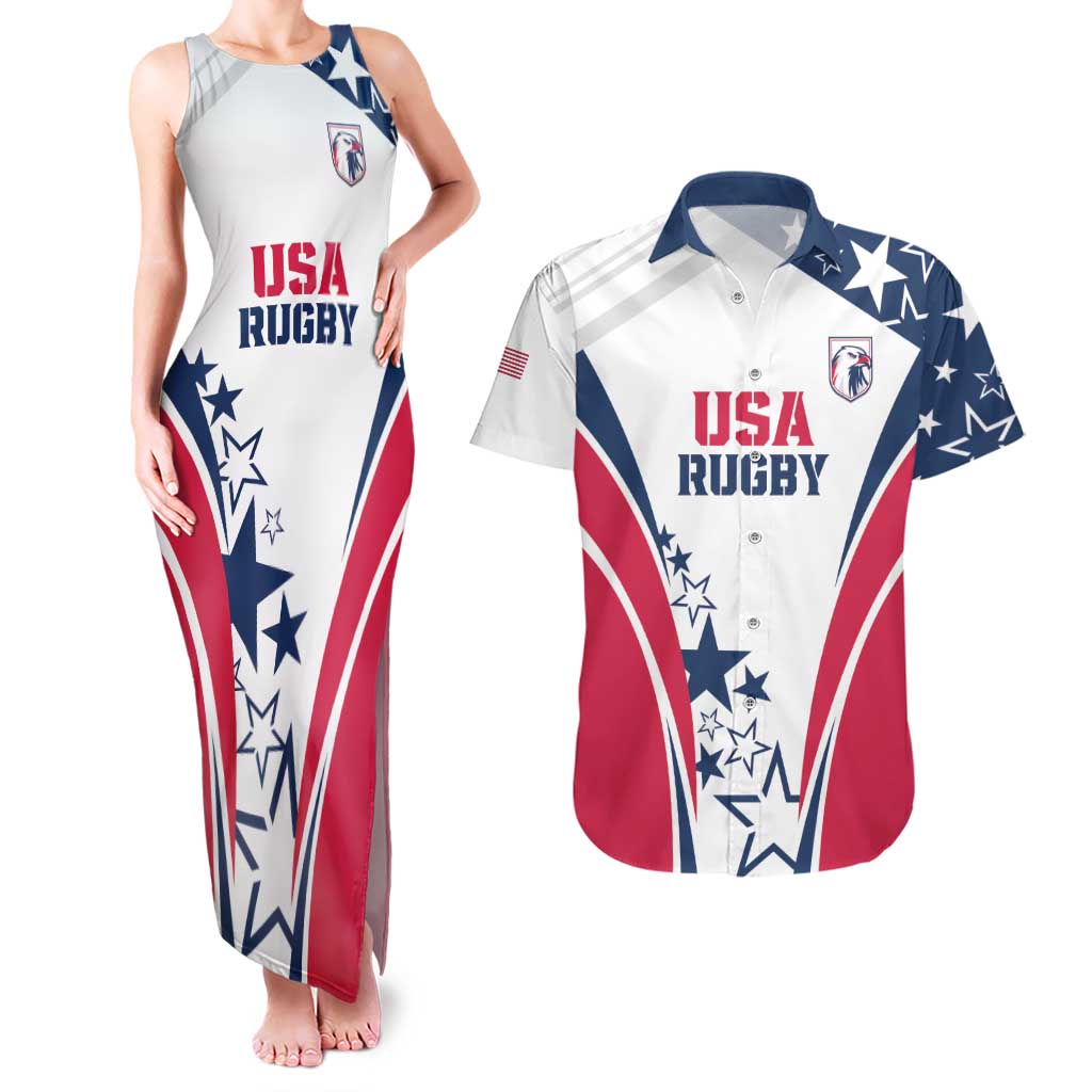 Custom USA Rugby 2024 Couples Matching Tank Maxi Dress and Hawaiian Shirt Eagles Reigns Supreme White Version LT05 - Wonder Print Shop