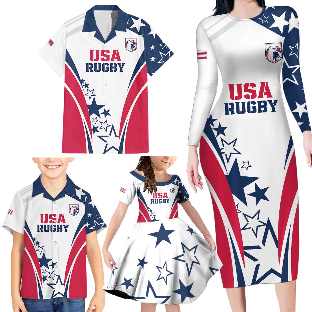 Custom USA Rugby 2024 Family Matching Long Sleeve Bodycon Dress and Hawaiian Shirt Eagles Reigns Supreme White Version LT05 - Wonder Print Shop